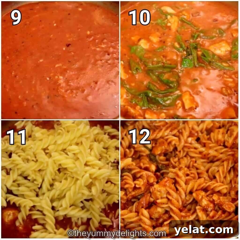 Creamy Tomato Spinach Chicken Pasta Recipe 6 collage of 4 images showing addition of spinach, pasta and chicken and cooking it to make tomato spinach chicken pasta.