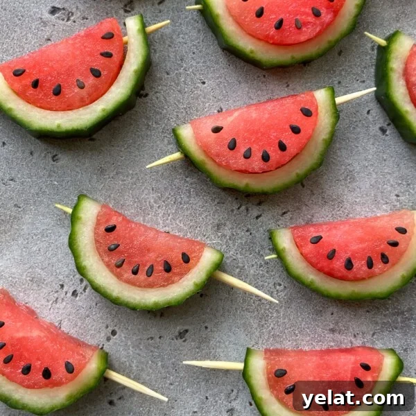 Fresh Watermelon Salsa Recipe for Summer Parties 4 Slices of watermelon with green rind and black seeds are arranged on a gray surface; some pieces are skewered with wooden sticks and spaced evenly in a pattern, making for refreshing bites perfect for healthy dishes or summer food recipes.
