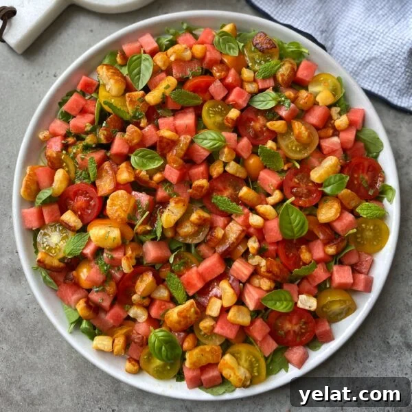 Fresh Watermelon Salsa Recipe for Summer Parties 7 A plate of salad with cubed watermelon, halloumi cheese, cherry tomatoes, fresh basil, and mint leaves on a gray surface.