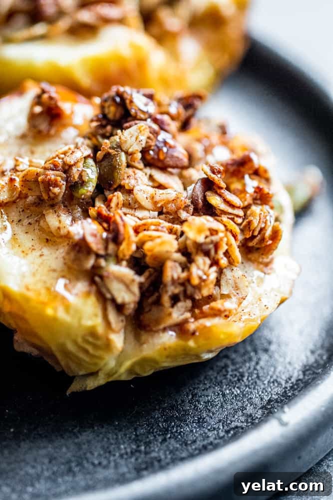 Crispy Air Fryer Apples with Honey Oat Crumble 3 Close up shot of apple with oat topping on black plate.