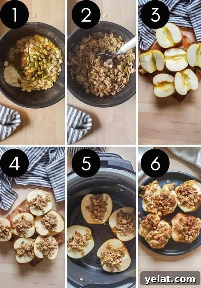 Crispy Air Fryer Apples with Honey Oat Crumble 4 Six image collage showing apples being prepped and cooked.