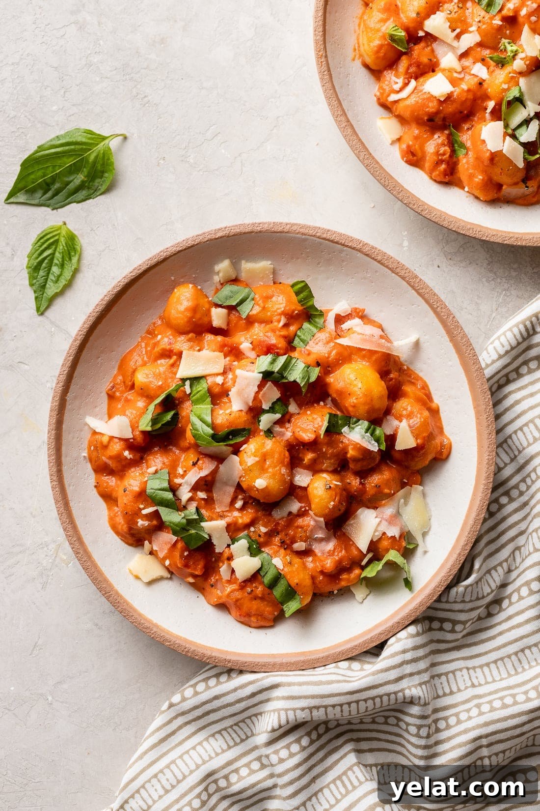Creamy Gnocchi alla Vodka Recipe for Cozy Weeknight Dinners 2 Bowls filled with comforting gnocchi alla vodka, Parmesan, and basil.