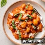 Close-up of a bowl filled with gnocchi alla vodka.
