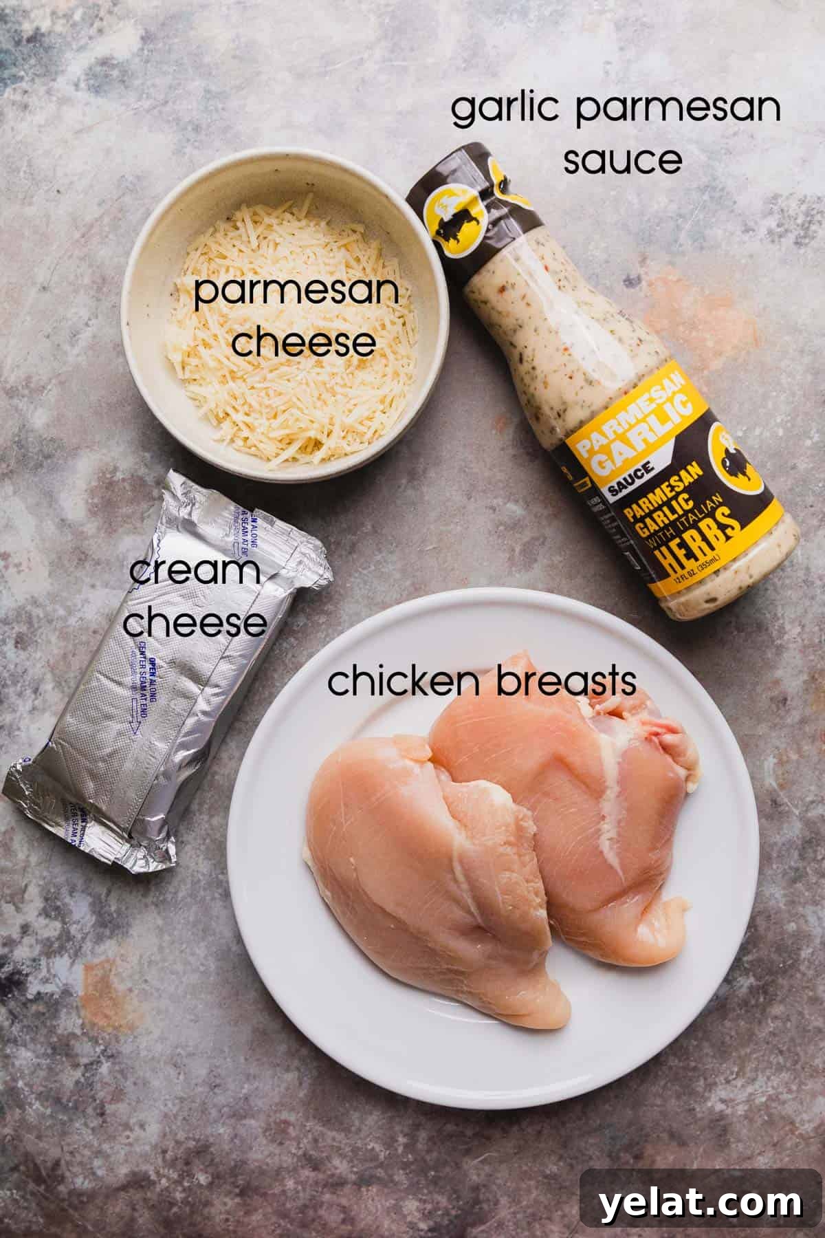 Slow-Cooker Garlic Parmesan Chicken Pasta Recipe 3 labeled ingredients to make the recipe
