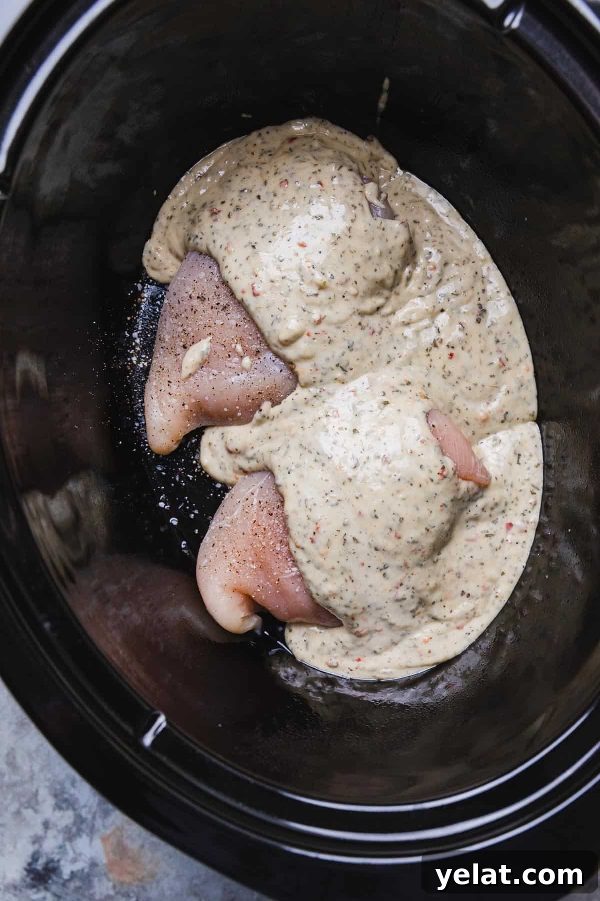 Slow-Cooker Garlic Parmesan Chicken Pasta Recipe 5 uncooked chicken breasts with sauce poured over
