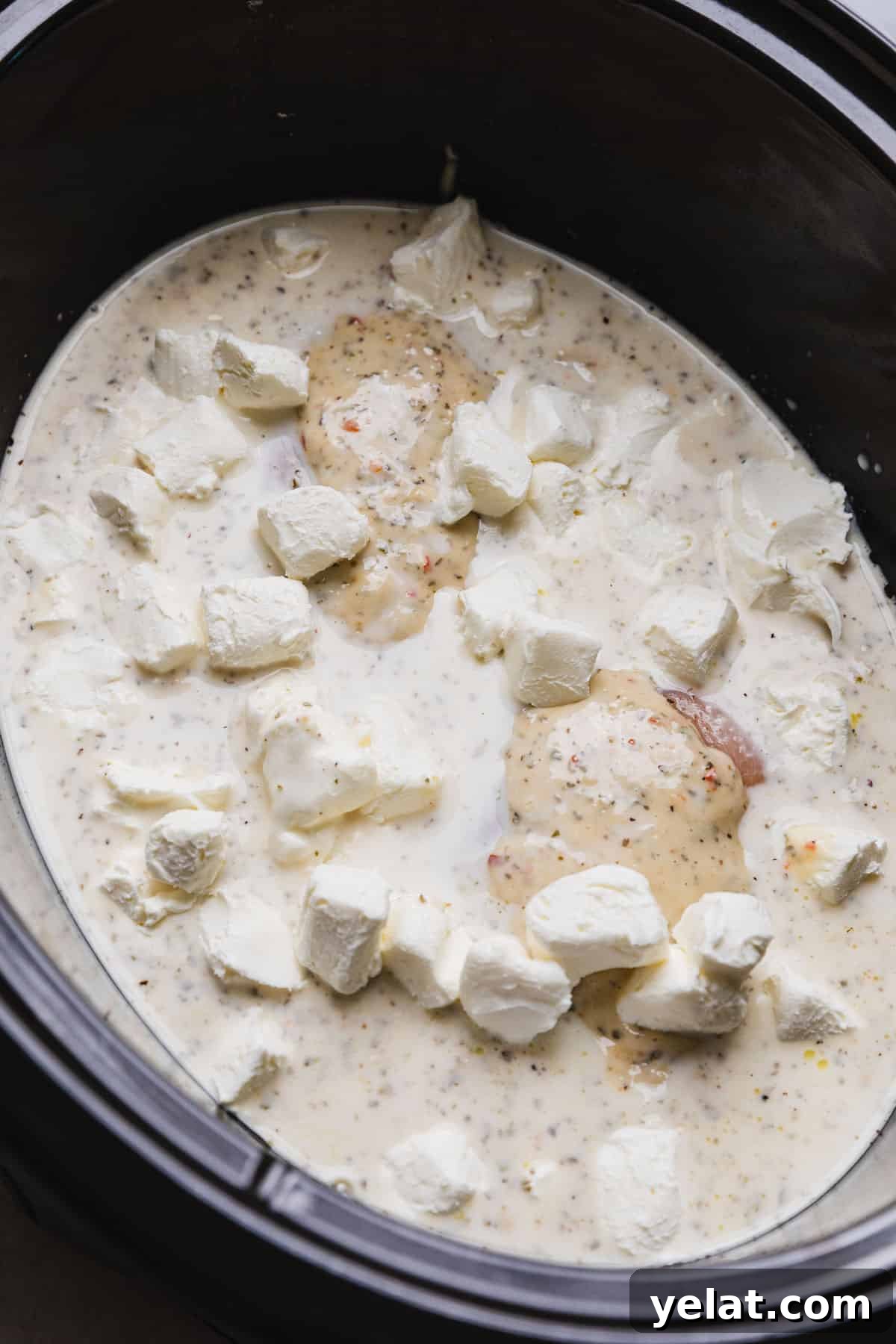 Slow-Cooker Garlic Parmesan Chicken Pasta Recipe 7 cubed cream cheese added to crockpot
