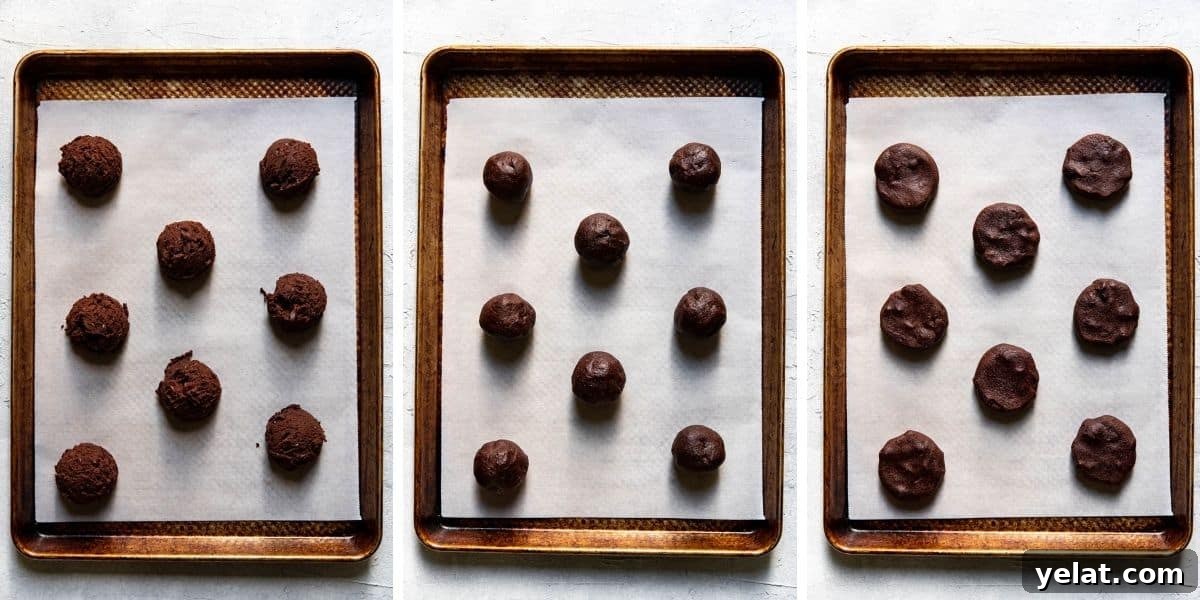 Double Chocolate Cookies: Rich Gooey Chocolate Cookie Recipe 7 Collage of chocolate cookings being scooped and rolled all on a baking sheet before baking.