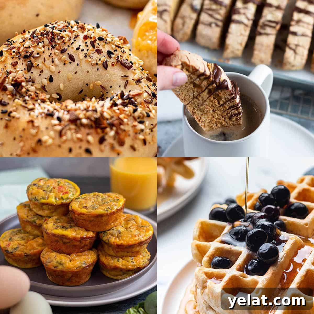 25 Sourdough Breakfast Ideas: 25+ Recipes for Morning Bread Dishes 2 Four images of a sourdough bagel, waffles, biscotti and breakfast bites.