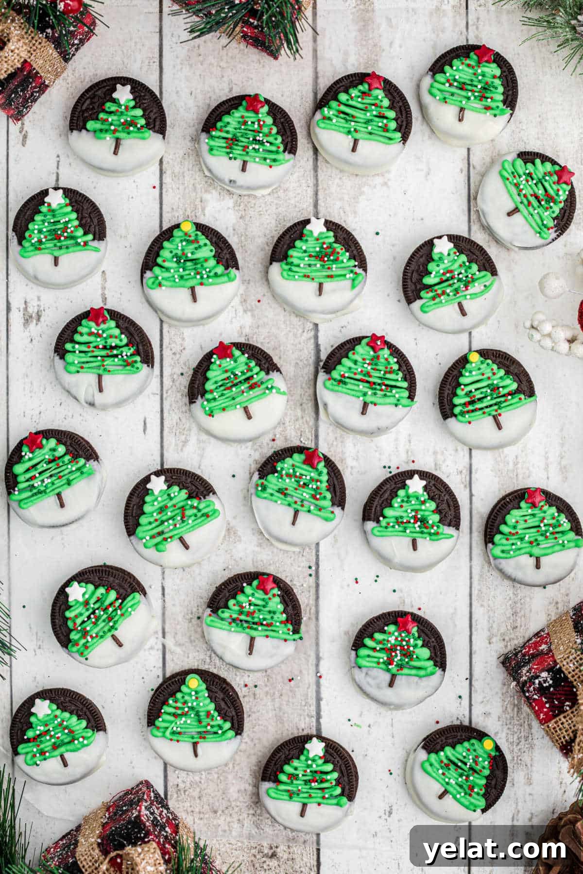 Festive Christmas Oreo Cookie Recipes for Holiday Baking 4 Overhead shot of a lot of christmas oreo cookies.