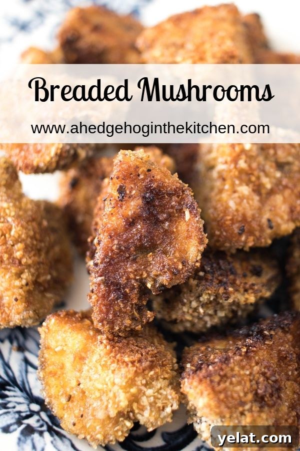 Crispy Oven-Baked Breaded Mushrooms with Light Coating 5 Breaded Mushrooms on a blue and white plate