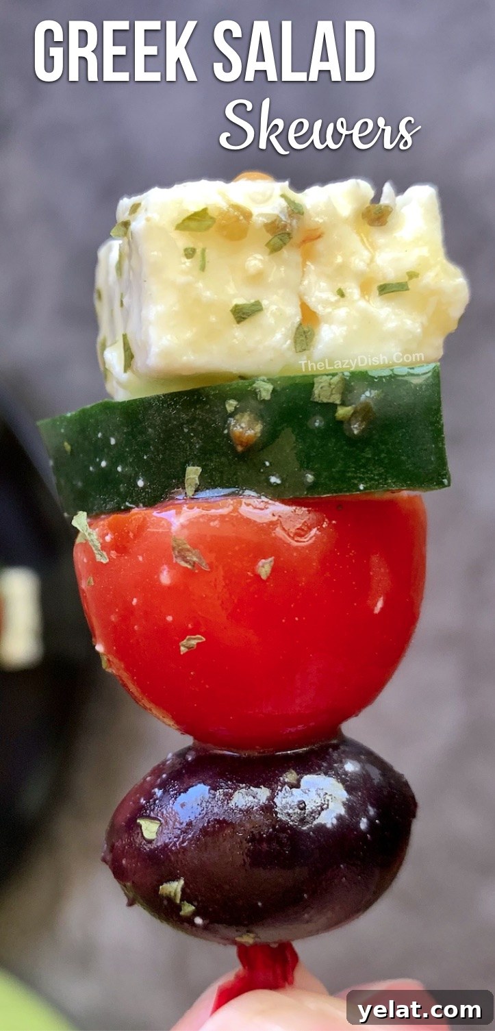 Greek Salad Skewers: Fresh Mediterranean Appetizer Recipe 2 Quick and easy make-ahead party appetizers: cucumber, tomato, olives, feta and dressing