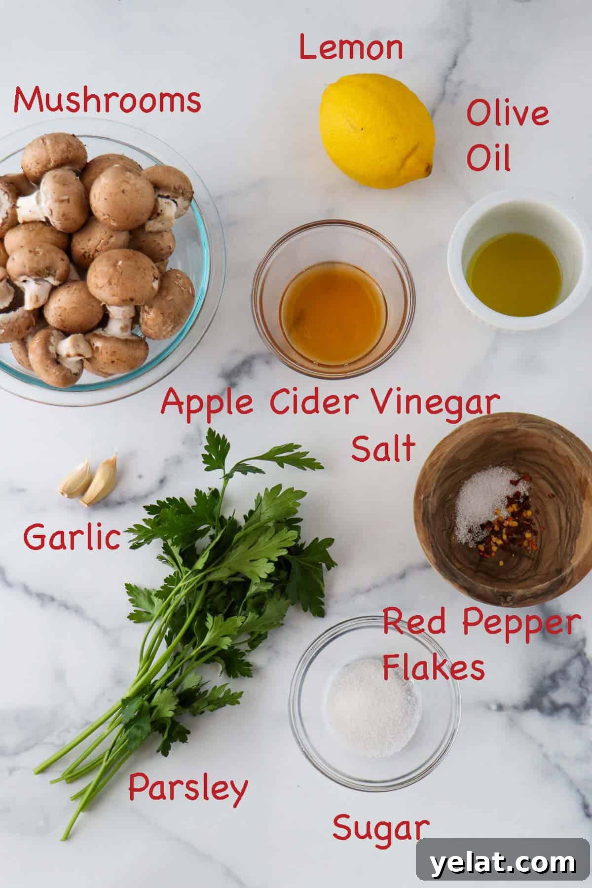 Quick Pickled Mushrooms: Fast Tangy Recipe for Snacks and Sides 3 Labeled ingredients for Easy Quick Pickled Mushrooms.