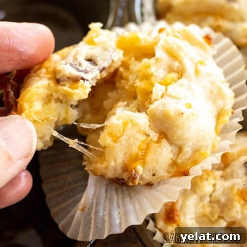 cheese and bacon muffins recipe shown as hand pulling muffin apart to show strings of cheese close up