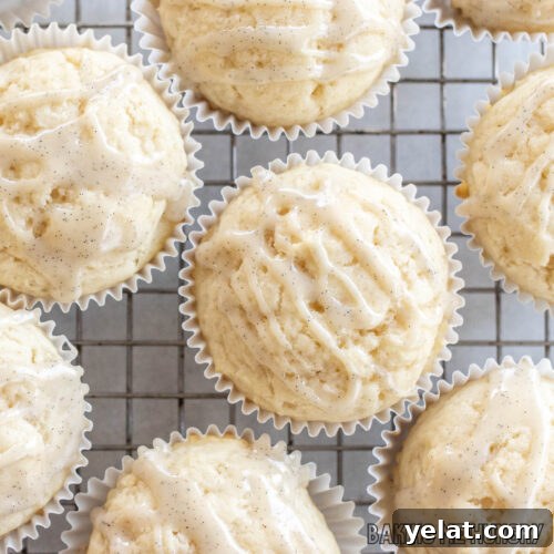 vanilla muffin recipe drizzled with vanilla bean glaze on cooling rack