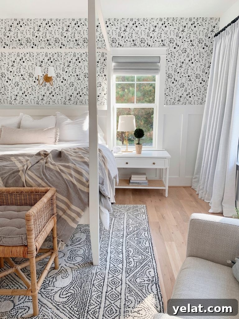 Serena and Lily Home Styling: How I Styled Their Pieces in My Space 15 a white canopy bed with wallpaper