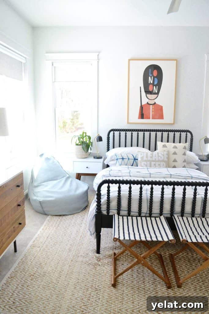 Serena and Lily Home Styling: How I Styled Their Pieces in My Space 19 bedroom with a bean bag chair and large art behind bed