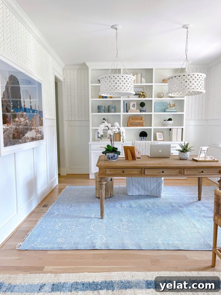 Serena and Lily Home Styling: How I Styled Their Pieces in My Space 4 home office wallpaper with a desk and 2 big lights
